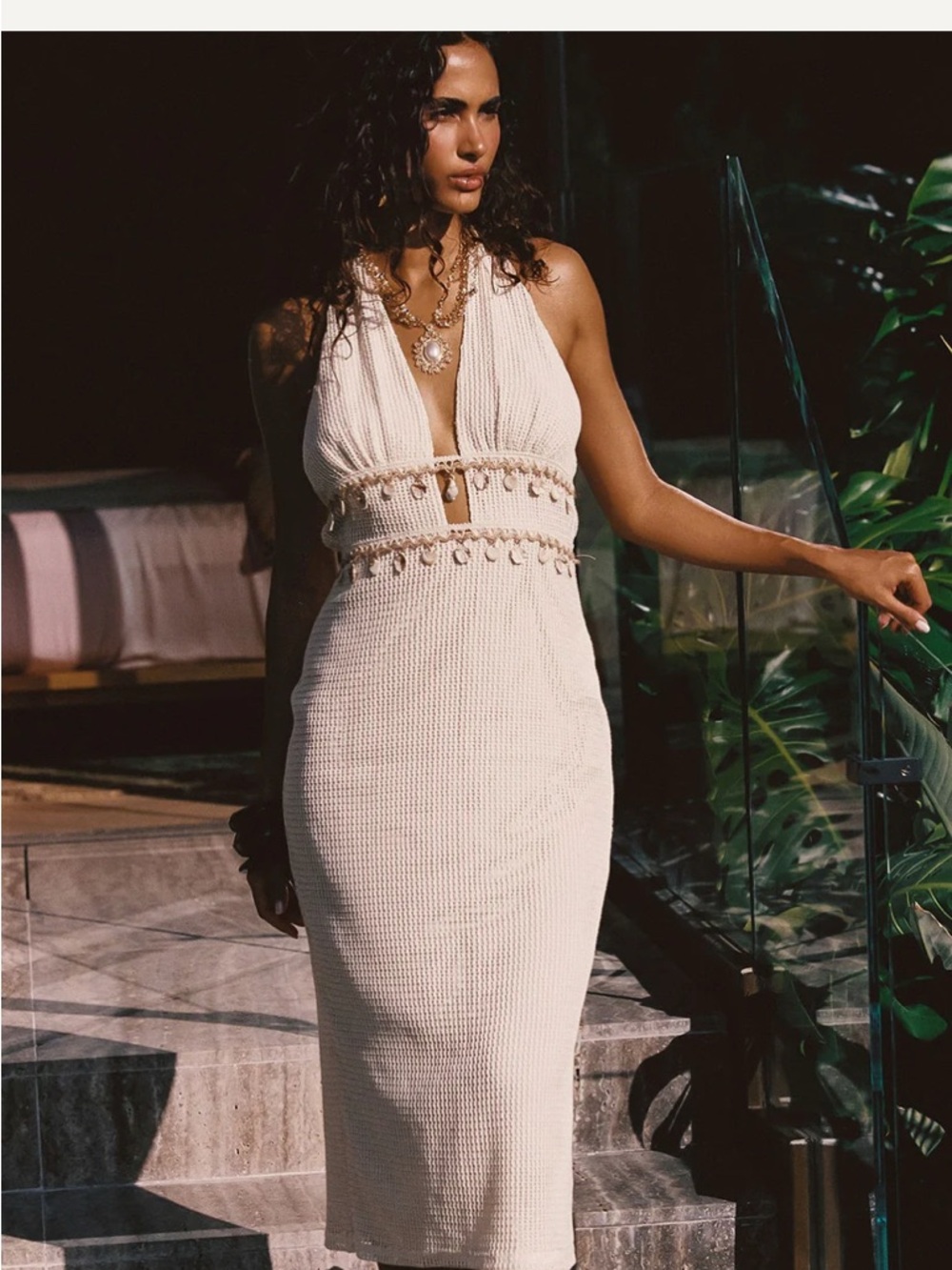 12th Tribe Cream Crochet Halter Midi Dress with Shell Trim.